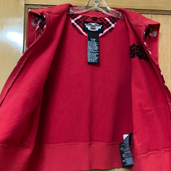 Harley-Davidson Red Plaid Hooded Biker Vest Split Zip Hood M/L Embroidered - Picture 7 of 14